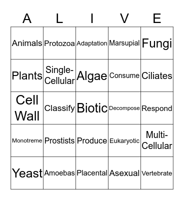 Biotic Bingo Card