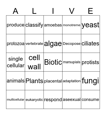 Biotic Bingo Card