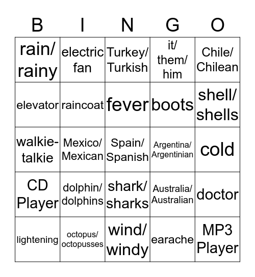 Super Minds 3b, Units 5-9, Vocabulary Review Bingo Card