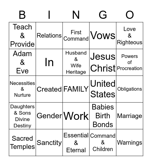 The Family, A Proclamation to the World Bingo Card