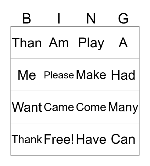 Sight Word Bingo Card