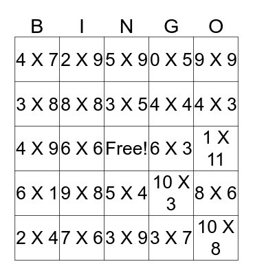 Multiplication Bingo Card