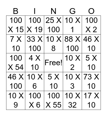 Multiplication by Tens and Hundreds Bingo  Bingo Card