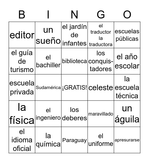 Vocabulario Escuela Secundaria, Diosa Luna, Tú y Yo Bingo Card