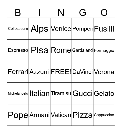 Italy Bingo Card