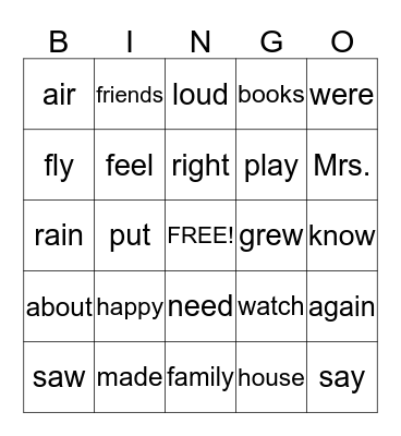 Sight Word Bingo - MP2 (b) Bingo Card