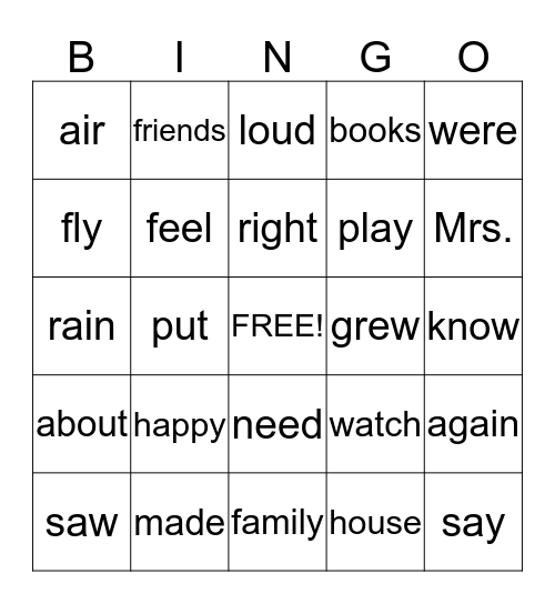 Sight Word Bingo - MP2 (b) Bingo Card