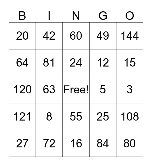 Multiplication MATHO Bingo Card