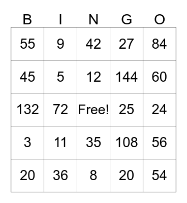 Multiplication MATHO Bingo Card