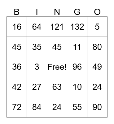 Multiplication MATHO Bingo Card