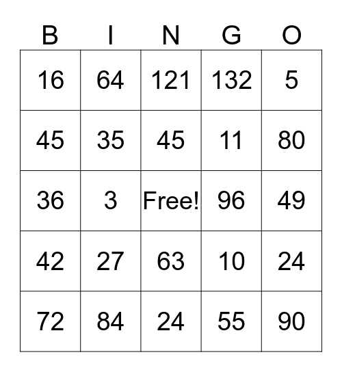 Multiplication MATHO Bingo Card