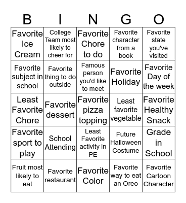 Route 45 "Favorites" Bingo Card