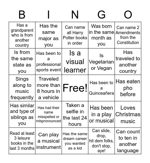 Ask Around to Find Someone Who.... Bingo Card