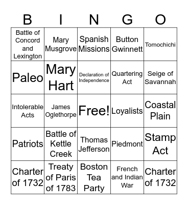 Georgia Studies SS8H3 Bingo Card