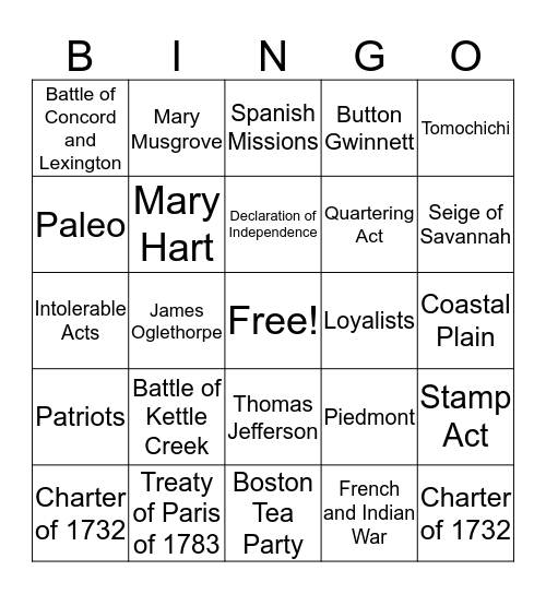 Georgia Studies SS8H3 Bingo Card