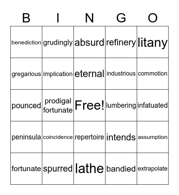 VOCABULARY BINGO GAME Bingo Card