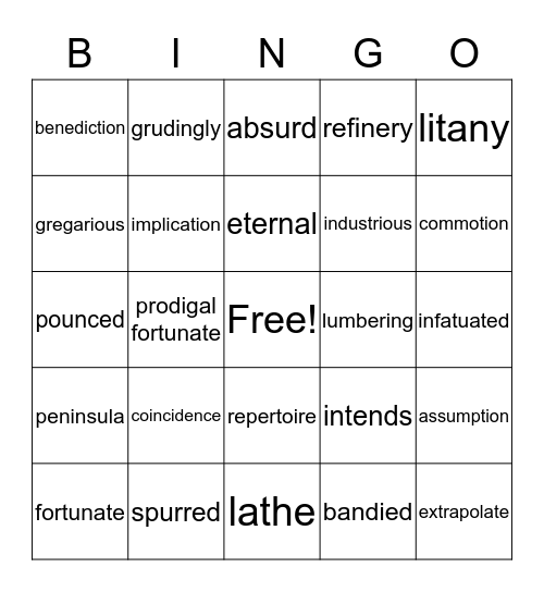 VOCABULARY BINGO GAME Bingo Card