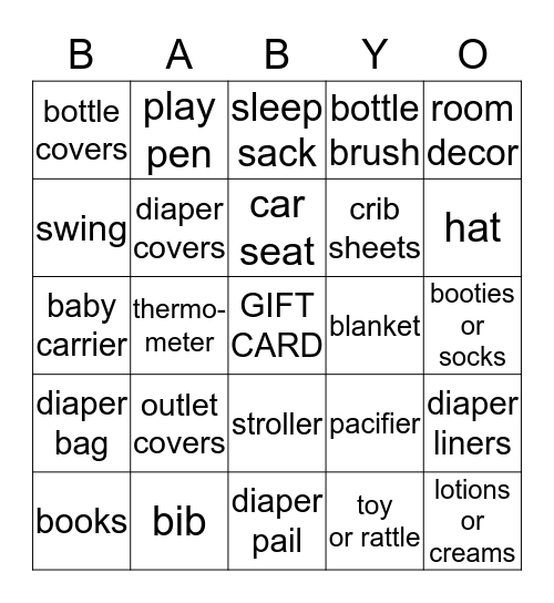 Sara's Baby Shower Bingo Card