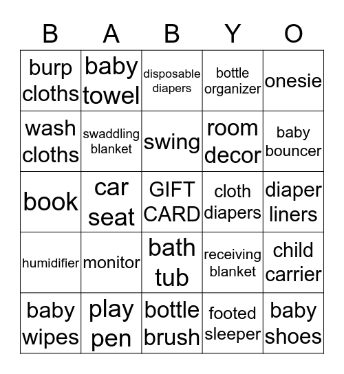 Sara's Baby Shower Bingo Card