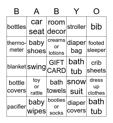 Sara's Baby Shower Bingo Card