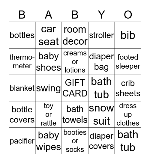 Sara's Baby Shower Bingo Card