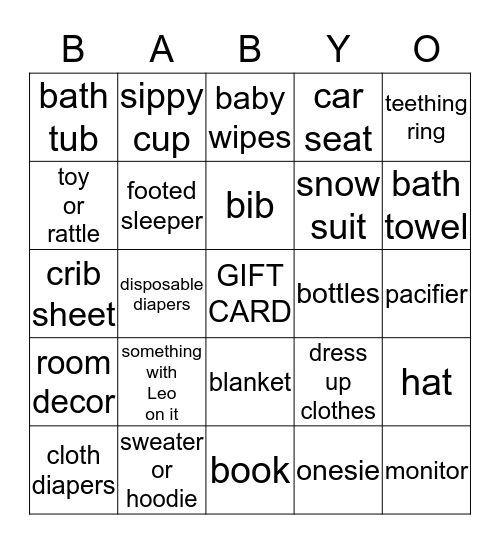 Sara's Baby Shower Bingo Card