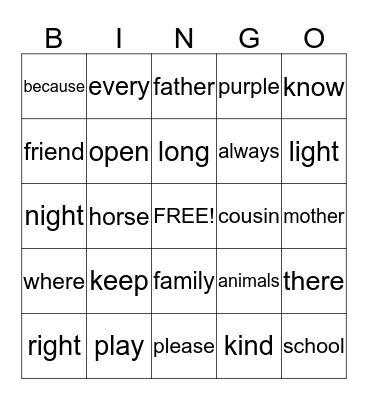 Word Wall Bingo Card