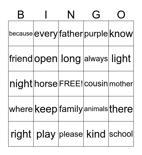 Word Wall Bingo Card