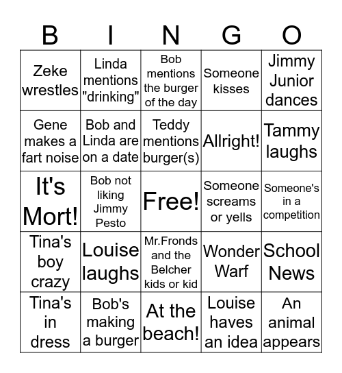 Bob's Burgers Bingo Card