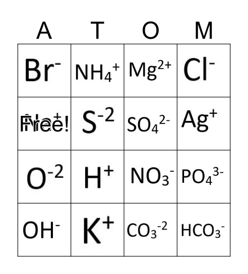 cations and anions Bingo Card