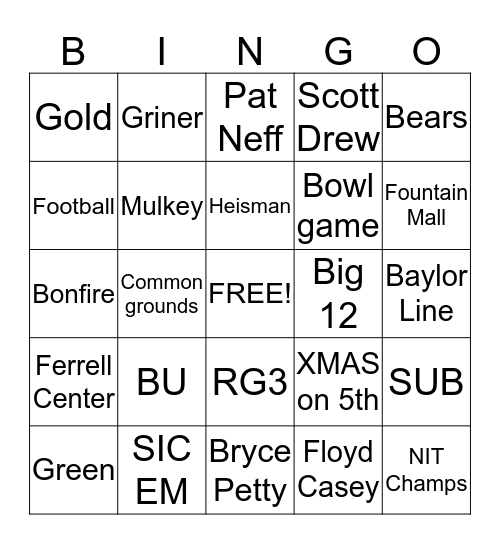 Baylor Bingo Card