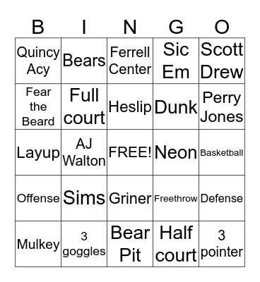 Baylor Basketball Bingo Card