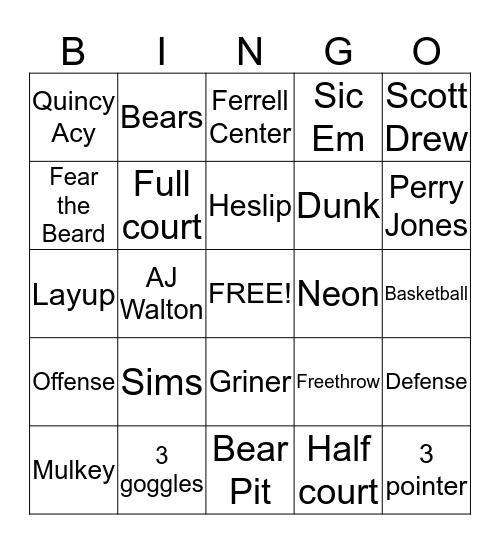 Baylor Basketball Bingo Card