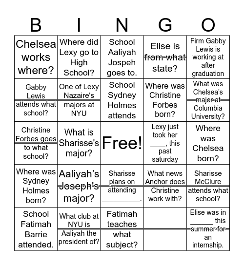 Back to School Brunch  Bingo Card