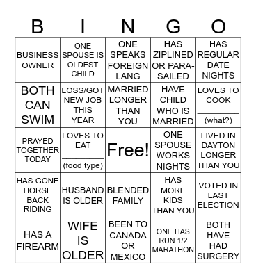COUPLES BINGO (Find others who ...) Bingo Card