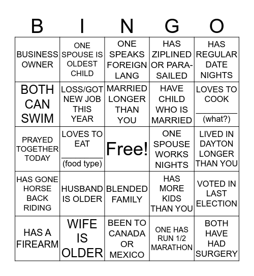 COUPLES BINGO (Find others who ...) Bingo Card