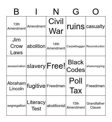 Reconstruction Bingo Card