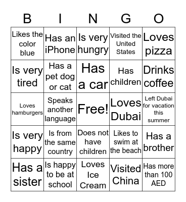 New Student Bingo Card