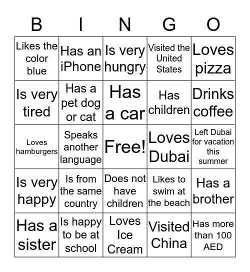 New Student Bingo Card