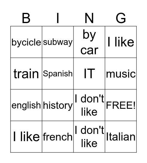 modes of transport and subjects Bingo Card