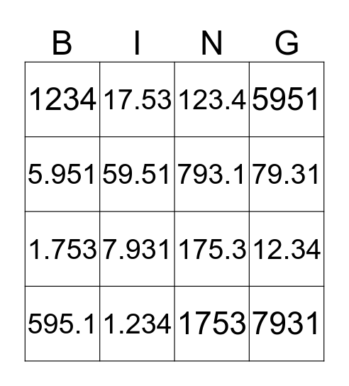 Move that decimal Bingo Card