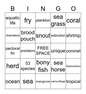 SEA HORSE Bingo Card