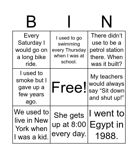 USED TO- WOULD Bingo Card