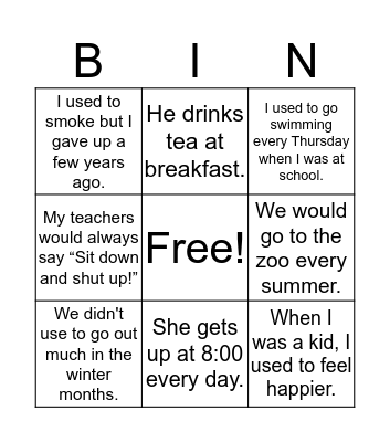 USED TO- WOULD Bingo Card