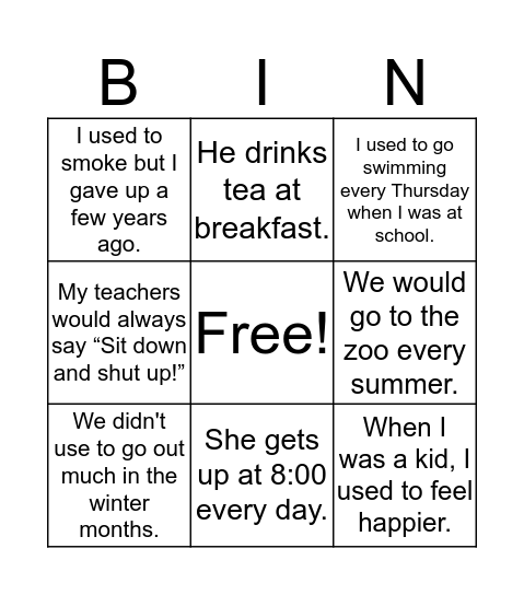 USED TO- WOULD Bingo Card