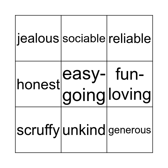 Character qualities Bingo Card