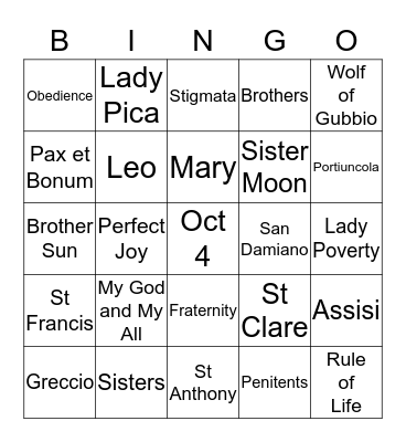 Franciscan Bingo Card