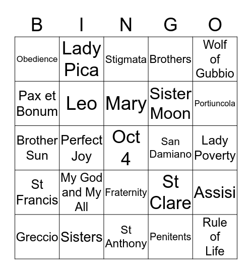 Franciscan Bingo Card
