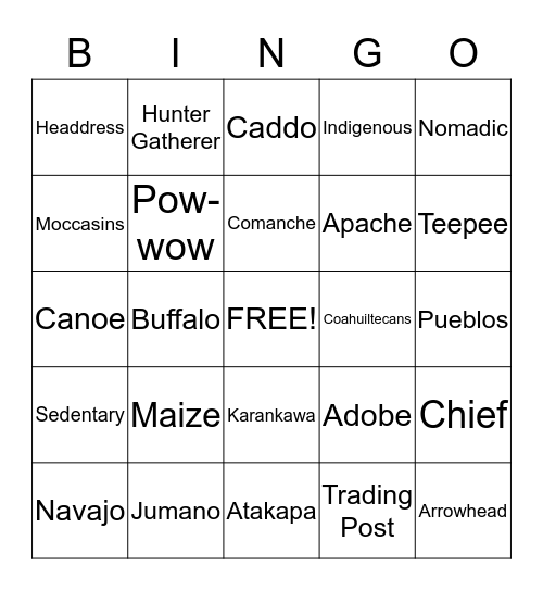 Native American Vocabulary Bingo Card