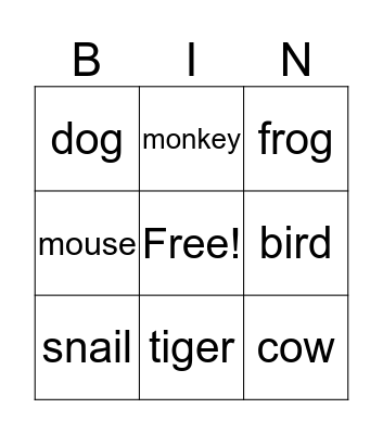 Animals Bingo Card